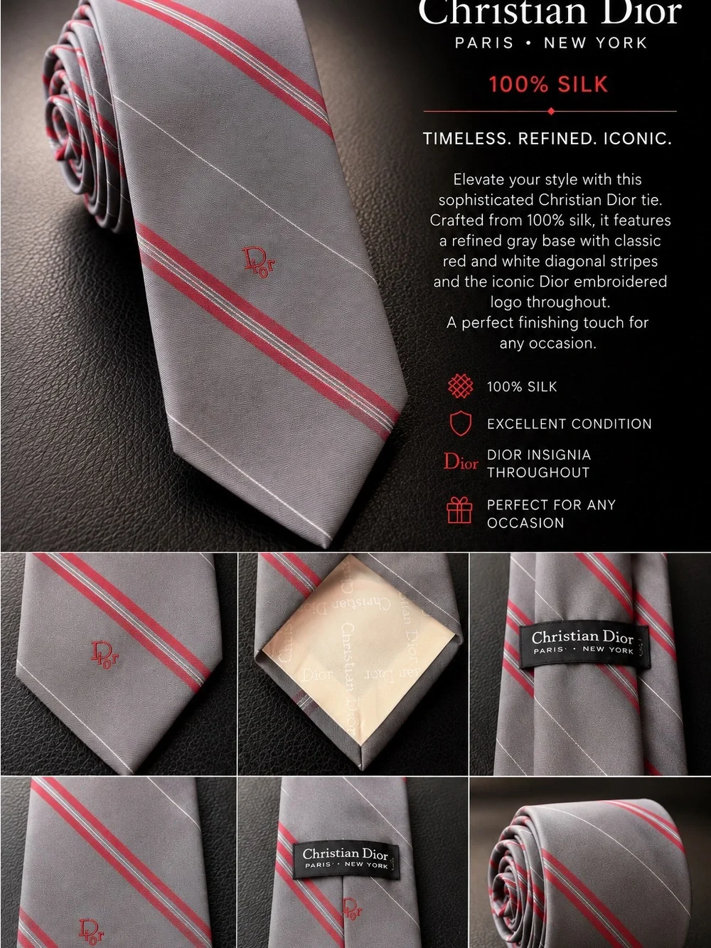 Dior Gray Silk Tie with Red and White Diagonal Stripes